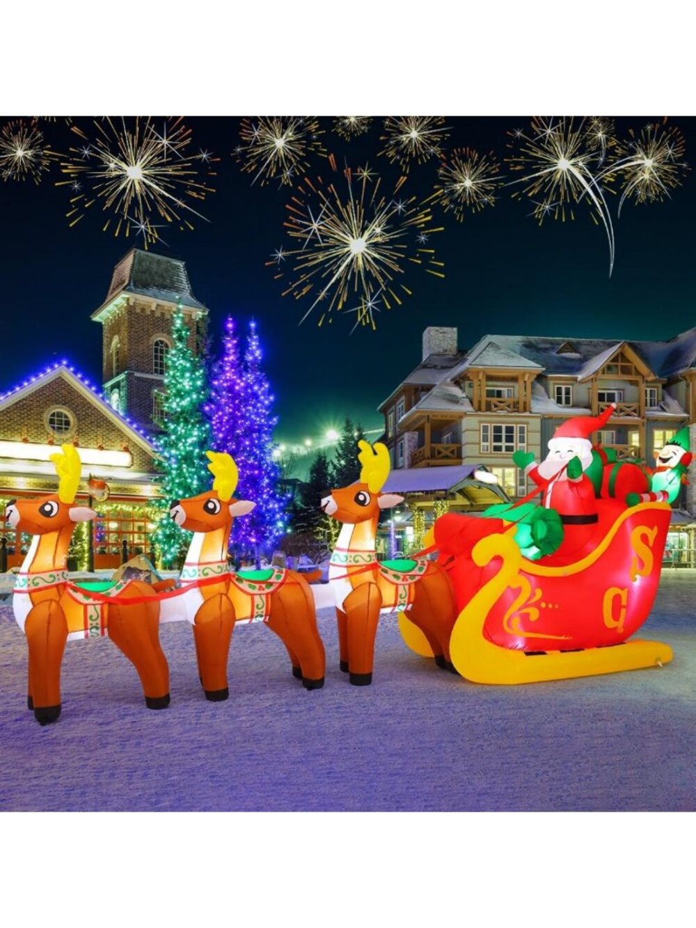 12 Ft Inflatable Christmas Reindeer Sleigh Yard Decor with LED Lights - Holiday